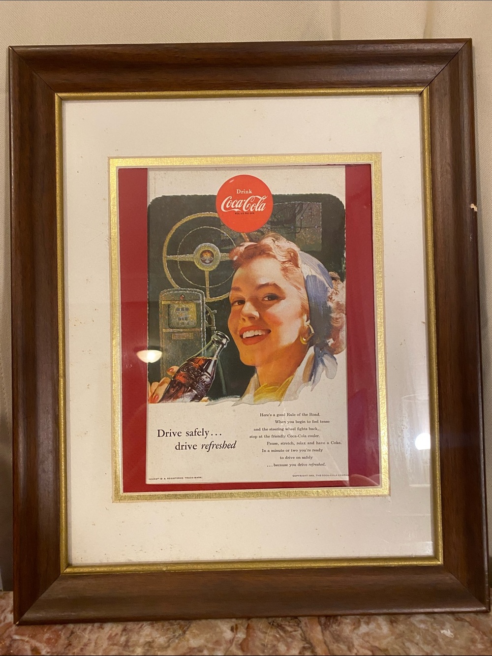 Coca Cola Framed Gas Station Ad Print 1953in Red and Cream
